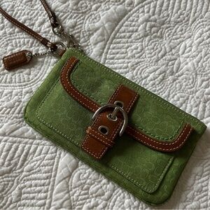 Coach SoHo Green & Brown Leather Wristlet W/ Silver Buckle